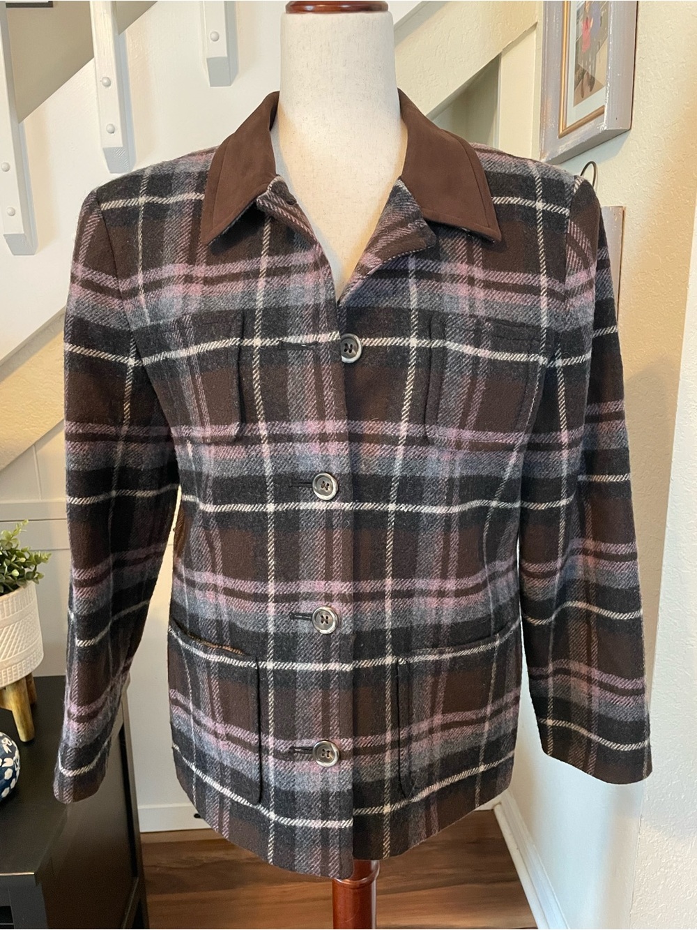 VTG Pendleton Pure Wool Plaid Chore Coat Shacket Brown Pink 90s 10P